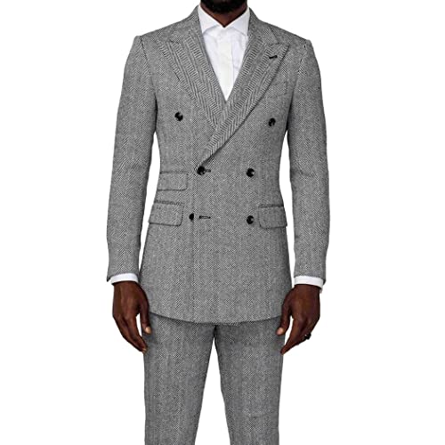 Men Double Breasted Blazer Herringbone Checkered Tweed Peak Lapel Grooms Prom Slim Fit Tuxedo Suit Jacket Pants3