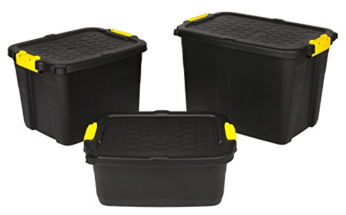 Kreher Aufbewahrungsboxen mit Deckel, TOUGH-Serie, bruchsichere Transportbox aus Kunstststoffbox, Stapelboxen, Ordnungsboxen, Kiste in Schwarz, verschiedene Größen (24 Liter)