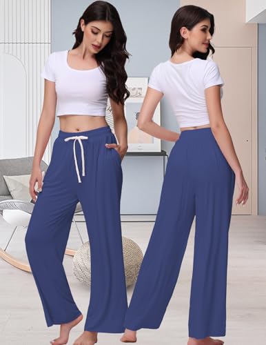 Image of Veseacky Women's Wide Leg Lounge Pants Yoga Pajamas Comfy Stretch Drawstring Pajamas Puls Size Dance Bottoms S-4XL