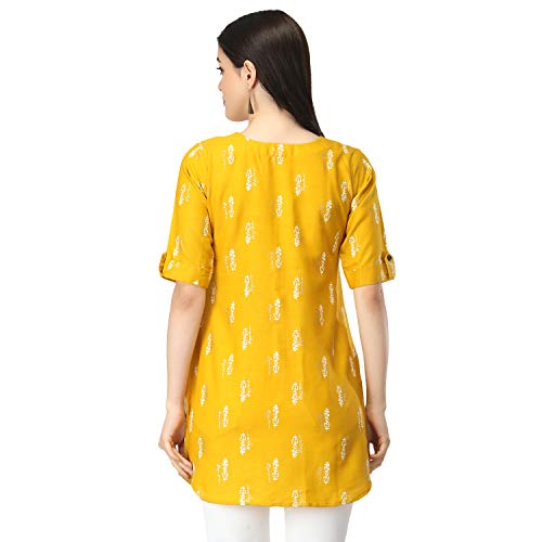 Image of OM SAI LATEST CREATION Slub Rayon Fully Stitched Anarkali Foil Print Kurti for Women & Girls on Jeans Palazzo or Skirt (Plus Size Upto 2XL) (Black)