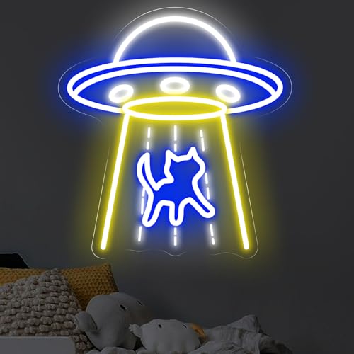 Image of UFO Neon Sign, UFO Cat Led Sign, Neon Led Wall Art, Game Room Neon Sign, Custom Neon Signs, Flying Saucer Bedroom Decor, Gift for Kids, 14 inchx13 inch
