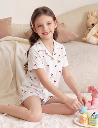 Image of Arshiner Girls Pajamas Sets Short Sleeve Kids Pjs Button Down Sleepwear | Cute Printed Pajamas for Little & Big Girl, Lightweight Comfy Fabric, 2-Piece Outfits, Perfect for Lounge Pajamas Party
