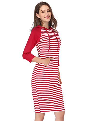 Missky Women 3/4 Raglan Sleeves Pocket Slim Sweatshirt Pullover Hoodie Dress (Xl,Red&White5#) #TOP3