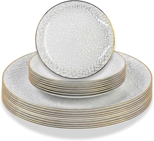 Luxia 20Pcs Clear Plastic Dinner Plates and Dessert Plates Set -Elegant Gold Rim & Hammered Textured Design, Durable, Reusable Tableware for Wedding & Party