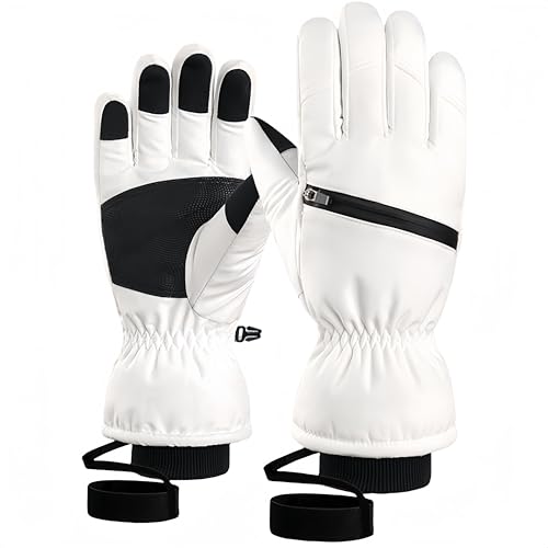 sonecesiya Ski Gloves Winter Warm Waterproof Windproof Snowboarding Gloves with Pocket and Leash, Touchscreen Anti Slip Wear-Resistant Thermal Gloves for Men Women Hiking Camping Skiing, White XS