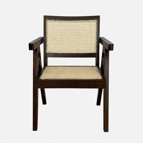 Image of Sainistree Furniture | Solid Sheesham Wood Rattan Armchair | Teak Brown Finish, Cane Back & Geen Upholstery | Mid-Century Modern Accent Chair for Living /Dining Room (Pair of 2, Rattan Walnut)