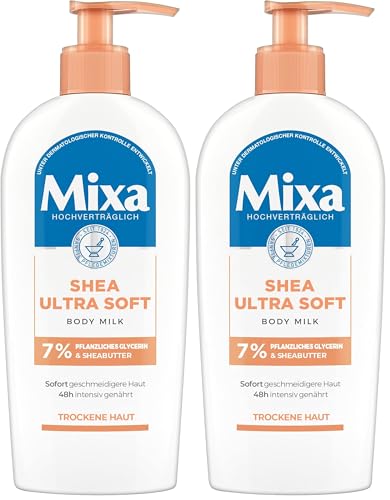 Mixa Shea - Leche corporal ultra suave, nutritiva intensa, con manteca de karité y glicerina vegetal, para piel seca y áspera, 250 ml (Paquete de 2)