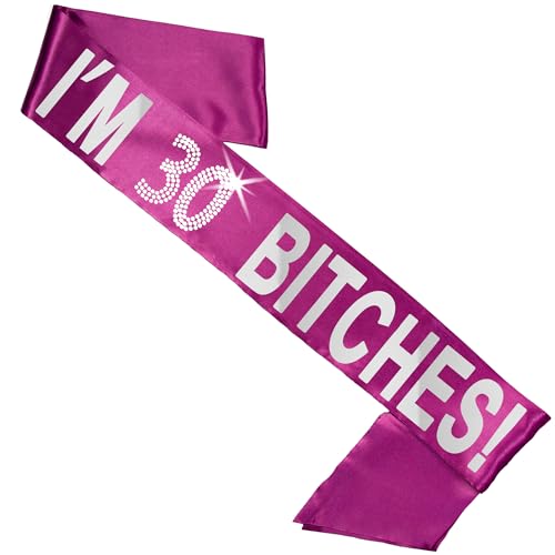 30th Birthday Sash Pink - Silver Mirror & Real Crystal Rhinestones Block I'm 30 Bitches Magenta Premium Grade Satin Satin Sash - Womens Birthday Decorations and Gifts