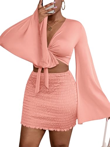 Image of LYANER Women 2 Piece Vacation Outfits Tie Knot Front Bell Long Sleeve Crop Top and Mini Skirt Summer Set