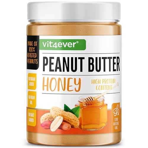 Mantequilla de Cacahuete con Miel - 1kg de Mantequilla de Cacahuete natural con Miel - Alta en Proteínas - Mantequilla de Cacahuete sin sal, aceite ni grasa de palma añadidos - Vegetariano