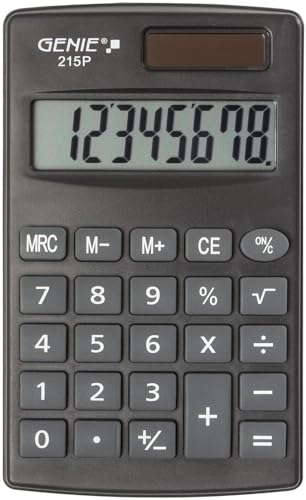 Genie Calculadora de bolso de 215 dígitos P8 dígitos, potência dupla (solar e bateria), design compacto, cor cinzenta
