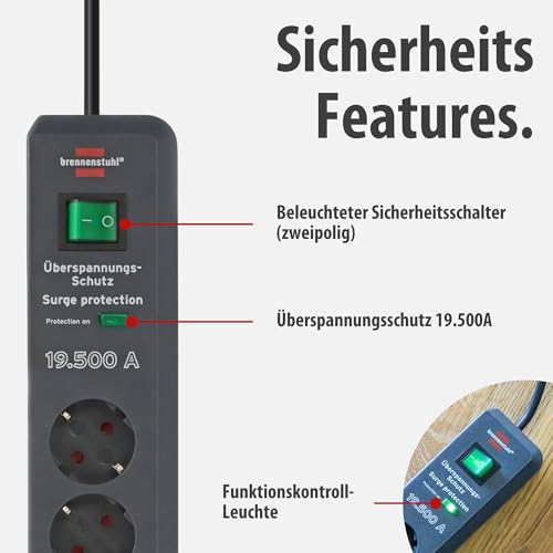 Brennenstuhl Secure-Tec Steckdosenleiste 6-Fach mit Überspannungsschutz (Mehrfachsteckdose mit 2m Kabel und Schalter, Engineered in Germany) grau