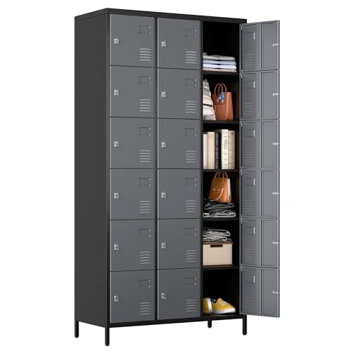 Aobabo 18 Doors Metal Storage Locker for Employees, Industrial Steel with Hooks, Assembly Required Black+Gray