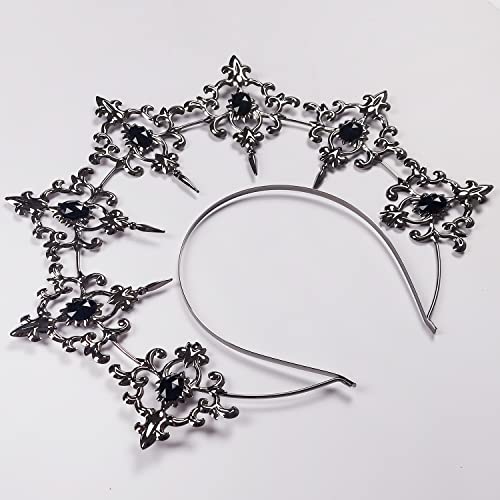 keland Gothic Lolita Sun Halo Crown Headband Mary Goddess Headpiece Baroque Tiaras Headdress Halloween Hair Accessory (Silver) - Image 4