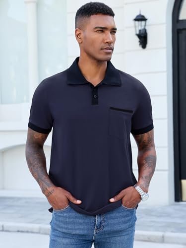 Image of Men's Casual Polo Shirts Summer Short Sleeve Contrast Collar Buttoned Tee Polo Shirt with Pocket