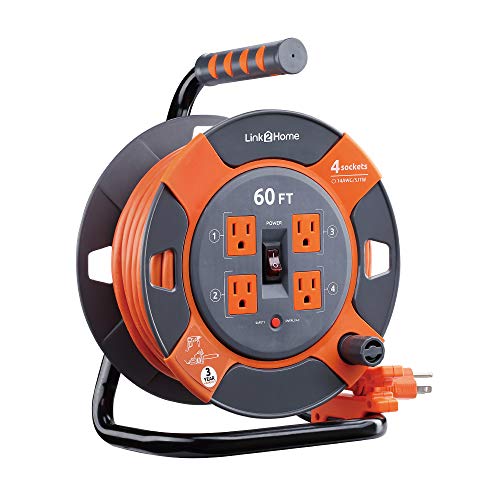 Link2Home 60 Ft. Retractable Extension Cord Reel With 4 Outlets & Heavy Duty/High Visibility 14Awg 3-Prong Sjtw Cord #TOP4