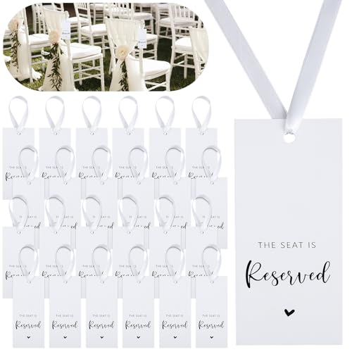 24 Pcs Reserved Seating Signs with Ribbon Wedding Chair Tags Reserved Seating Chair Signs for Wedding Ceremony Reserveds Seat Sign Hanging for Important Events Church Pews Ceremony Seat(White)