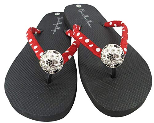 School Team Colors Soccer Flip Flops - Chevron Black & White with Rhinestone Ball4