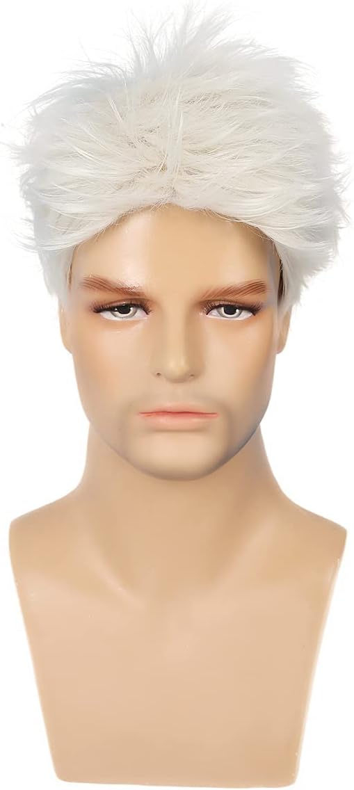 Baruisi Mens Wig Cream White Short Layered Cosplay Hair Wig Synthetic Full Wigs with Wig Cap - Image 3