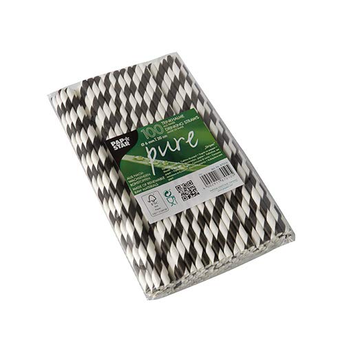 PAPSTAR ́Stripes ́ - Pajitas de papel (200 mm, 1 paquete, 100 unidades), color negro y blanco