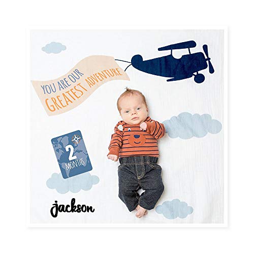 Lulujo Personalized Baby's First Year You Are Our Greatest Adventure Airplane Print Baby Girl Growth Blanket And Month Milestone Cards Set With Custom Name #TOP2