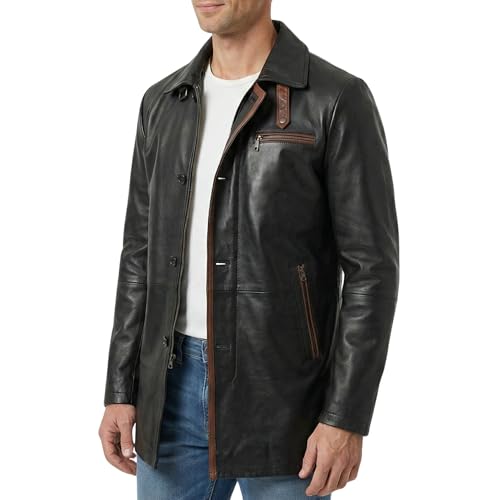 Image of Decrum Car Coat Style Mens Leather Jacket - Real Lambskin Long Leather Jackets for Men