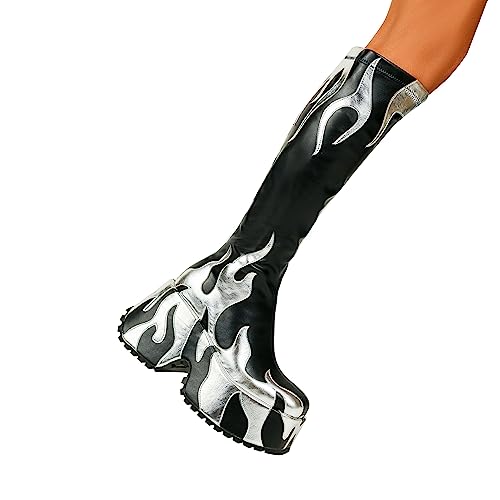 HiColor women’s side zipper high heeled Flames Printing Chunky sole boots tall boots round toe boots4