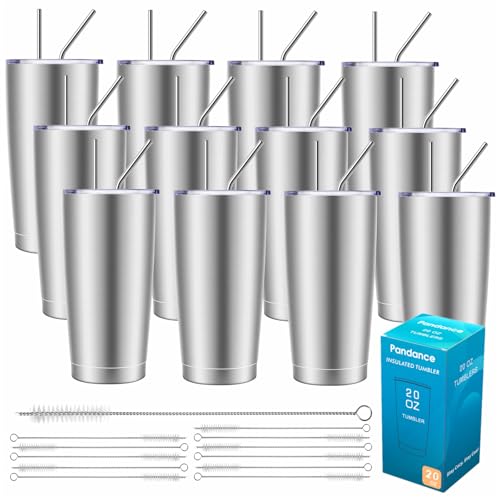 Pandance 20oz Stainless Steel Insulated Tumblers Bulk, Silver, 12 Pack