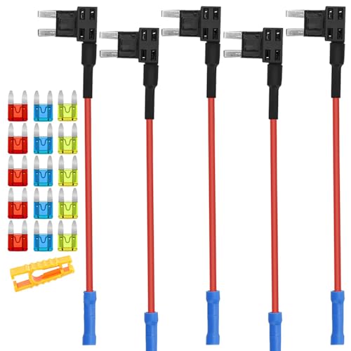 Aiqeer 5 Pezzi 12V / 24V Piccolo Add-a-Circuit Portafusibili, Adattatore Fusibili Auto con 16 AWG Cavo, Gratuito 15 Pezzi Fusibili a Lama Mini e Estrattore di Fusibili (Terminale a Crimpare)