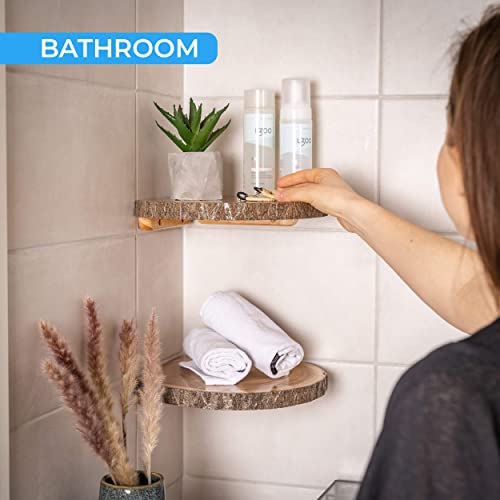 Kitchenmania Corner Wall Shelf,Corner Floating Shelves Set Of 2, Wood Slices With Bark Decorations Style,Wall Mount Storage Display For Bathroom,Kitchen,Living Room Decor,Bedroom,Office,Plant #TOP7