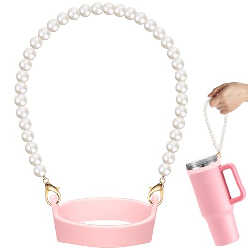 Silifine Silicone Water Bottle Holder Sling with Pearl Strap, Pink