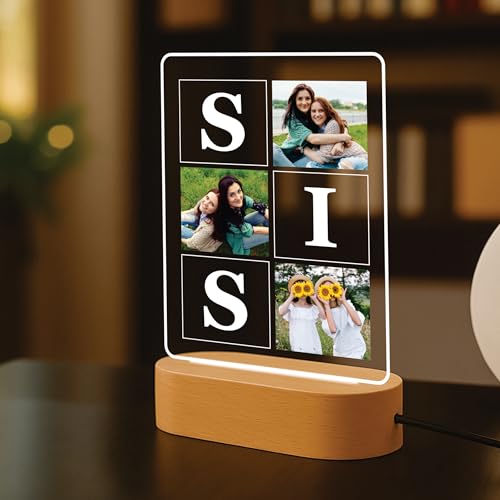 Image of Giftplease Personalised Photo Acrylic Frame with Wooden LED Base - Custom Picture Desk Display, Collage & Initials Text, Unique Raksha Bandhan Gift for Sister, Anniversary & Birthday Keepsake Decor
