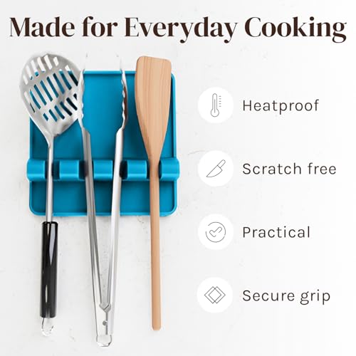 Image of Cooler Kitchen Light Blue Silicone Spoon Rest for Stove Top with Drip Pad (Two Pack) - Heat Resistant BPA Free Utensil Rest & Spoon Holder for Kitchen Counter - Grill Utensil Holder - Spatula Holder