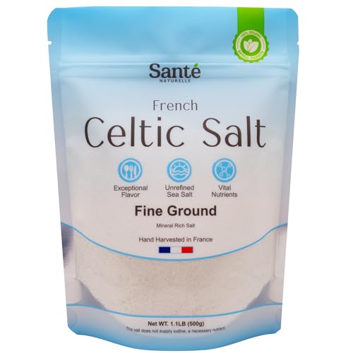 Sante Naturelle Celtic Salt Fine Ground Sea Salt - 1.1lb (18oz) Unrefined French Sea Salt Organic, Rich in 82+ Minerals Salt, 100% Natural & Hand Harvested Sal Celtica