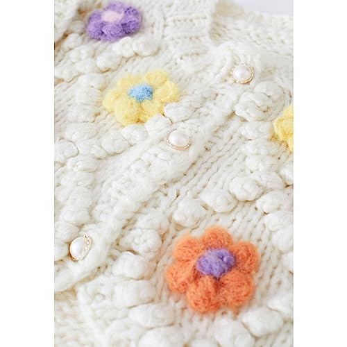 Image of CHICWISH Women's Cream Button Up Floral Pom-Pom Knit Cardigan