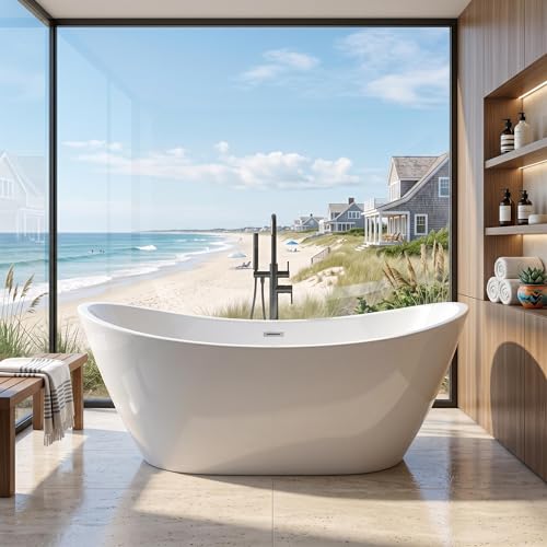 67' Acrylic Freestanding Bathtub, Deep Soaking Tub with Non-Slip Surface, Modern Free Standing Bath...