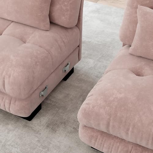 Miniatura 8 de Sofá Esquinero De Chenilla Rosa Para Salón, Sofá Doble Con 2 Cojines Lumbares Y 2 Cojines Decorativos Sofá Tapizado Con Amplios Reposabrazos Y Otomano