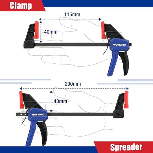 WORKPRO Afdichtingskas en veerklem, 8 stuks, 4 mini-schroefklemmen (lengte: 200 mm, bereik 115 mm, uitbreidingsbereik 200 mm) en 4 veerklemmen (openingsbreedte 45 mm/60 mm) voor houtbewerking - Afbeelding 4