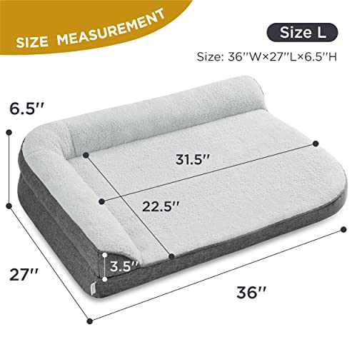 Lesure Orthopedic Dog Bed For Large Dogs - Large Washable Dog Beds With Waterproof Liner And Removable Cover - L Chaise Big Pet Beds With Cozy Faux Fur Linen Fabric, 36X27 Inch, Grey #TOP4