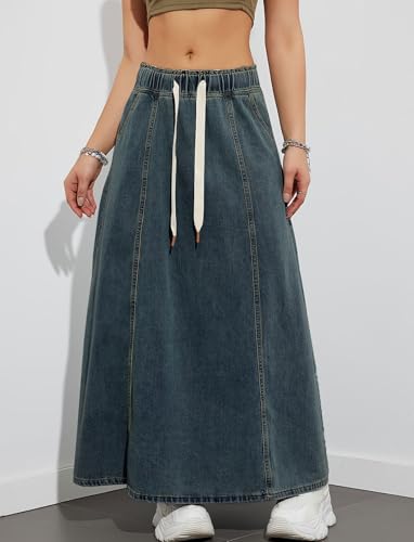 loveimgs Women Elastic High Waist Long Denim Skirt Jean Skirt Cargo Flare A Line Maxi Dress Western Skirt Pocket2