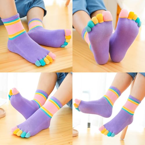 4 Pairs Cotton Five Finger Toe Socks Athletic Running Casual Rainbow Stripe Seperated Socks for Girls Kids Boys 2-10 Years3