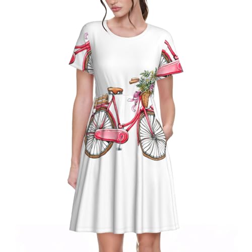Robe d'été rétro rouge EdWal pour femme à motif vélo col rond