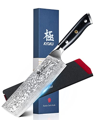 KYOKU Gin Series Nakiri Knife, 7" Vegetable Knife, Japanese Style VG10 Damascus Stainless Steel Kitchen Knife with Silver Ion Blade G10 Handle & Mosaic Pin, Professional Chef Knife for Veg Fruit Meat