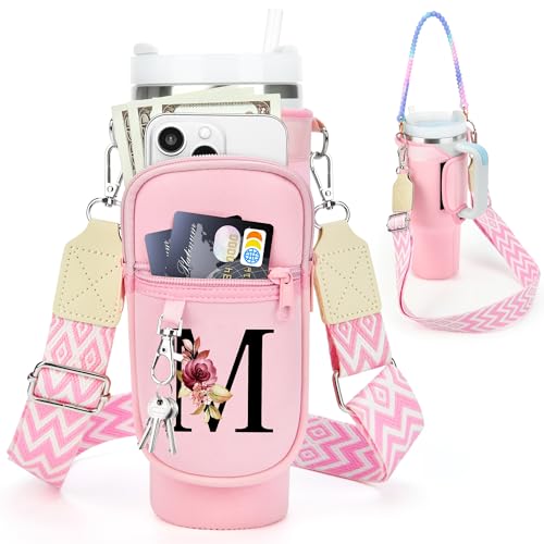 Sernaxi Water Bottle Holder with Strap for Stanley Cup 40 oz Tumbler with Handle, Personalized Initial Stanley Cup Accessories, Thanksgiving, Water Bottle Carrier Bag for Women & Men - Pink