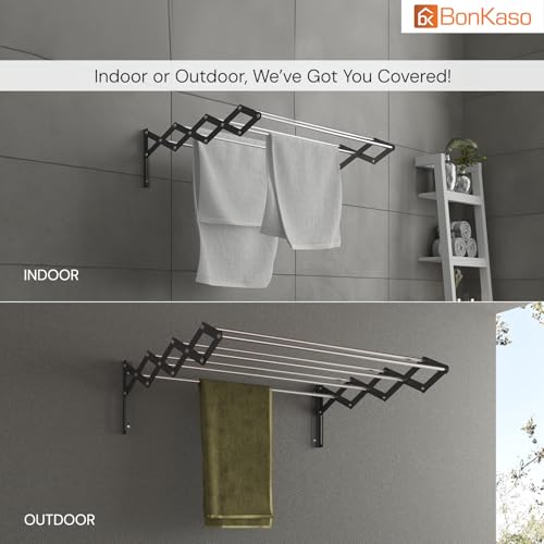 Image of BonKaso Multi 7 Rod Foldable Clothes Drying Stand | Heavy Duty, Rust-Free, Stainless Steel, Wall Mounted Cloth Dryer Rack for Indoor & Outdoor | Expandable (2 Feet) (61D x 62W x 19H cm)