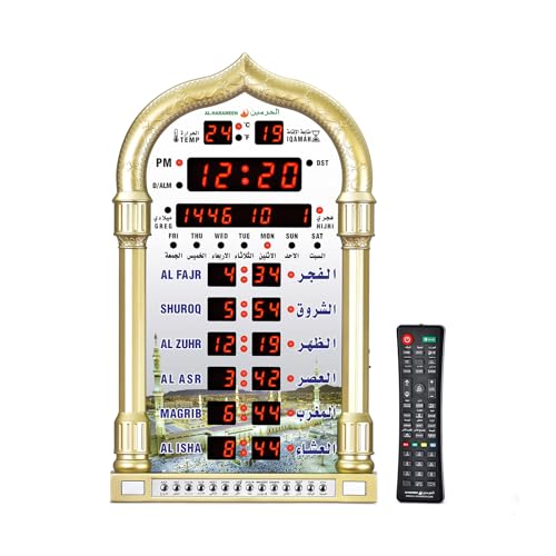 JUYYTUK Digital Prayer Azan Wall Clock for USA Muslim for Home with Automatic Athan Prayer Alarm(Gold)
