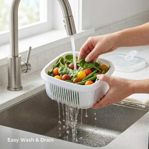 Image of VOLCANO Fridge Storage Containers, Fridge Organizer with Removable Drain Plate & Secure-Sealing Lids, Fridge Storage Boxes Keep Fruits, Vegetables Fresher, Container Box (Pack of 2 Food Storage Box)