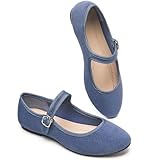 BABUDOG Womens Mary Jane Flats with Strap,Faux Suede Black Flats Shoes,Flats Shoes Women Dressy Comfortable(Blue 09)