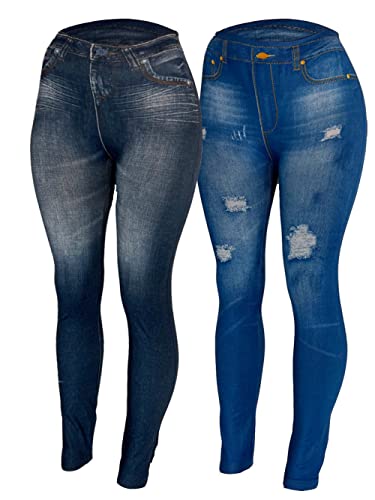 CLOYA Women's Denim Print Fake Jeans Seamless Fleece Lined Leggings, Full Length (Large - X-Large, Blue Pack)