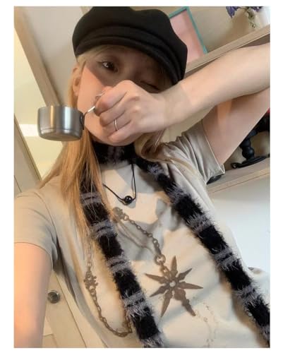 Y2k Striped Scarf Long Skinny Fuzzy Neckerchief Belt Fluffy Scarves Acubi Grunge Accessories Alt Emo Scene Streetwear4